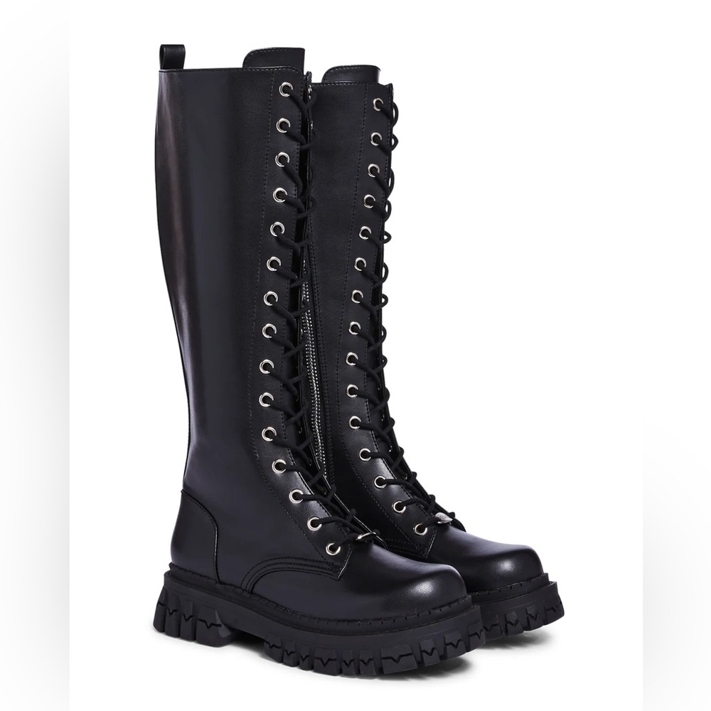 Dolls Kill Black Lace-Up Combat Moto Knee Boots